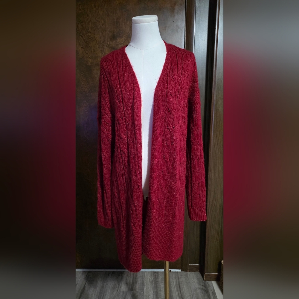 Elegant Open Front Cable Knit Cardigan - Deep Red With A Red Sparkle